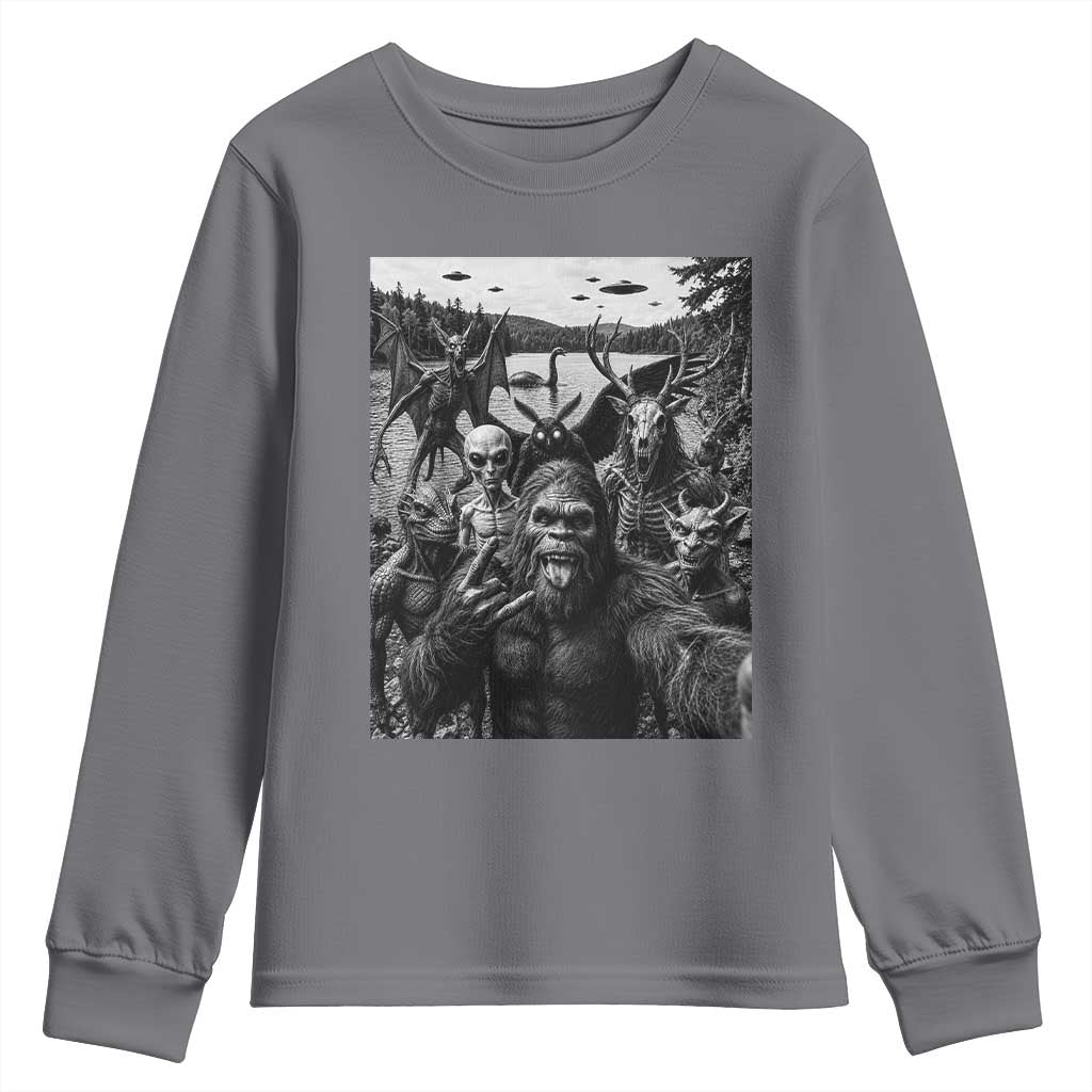 Funny Cryptid Creatures Selfie Youth Sweatshirt Bigfoot Alien Cryptozoology Fantasy Mythical Monsters TS11 Charcoal Print Your Wear