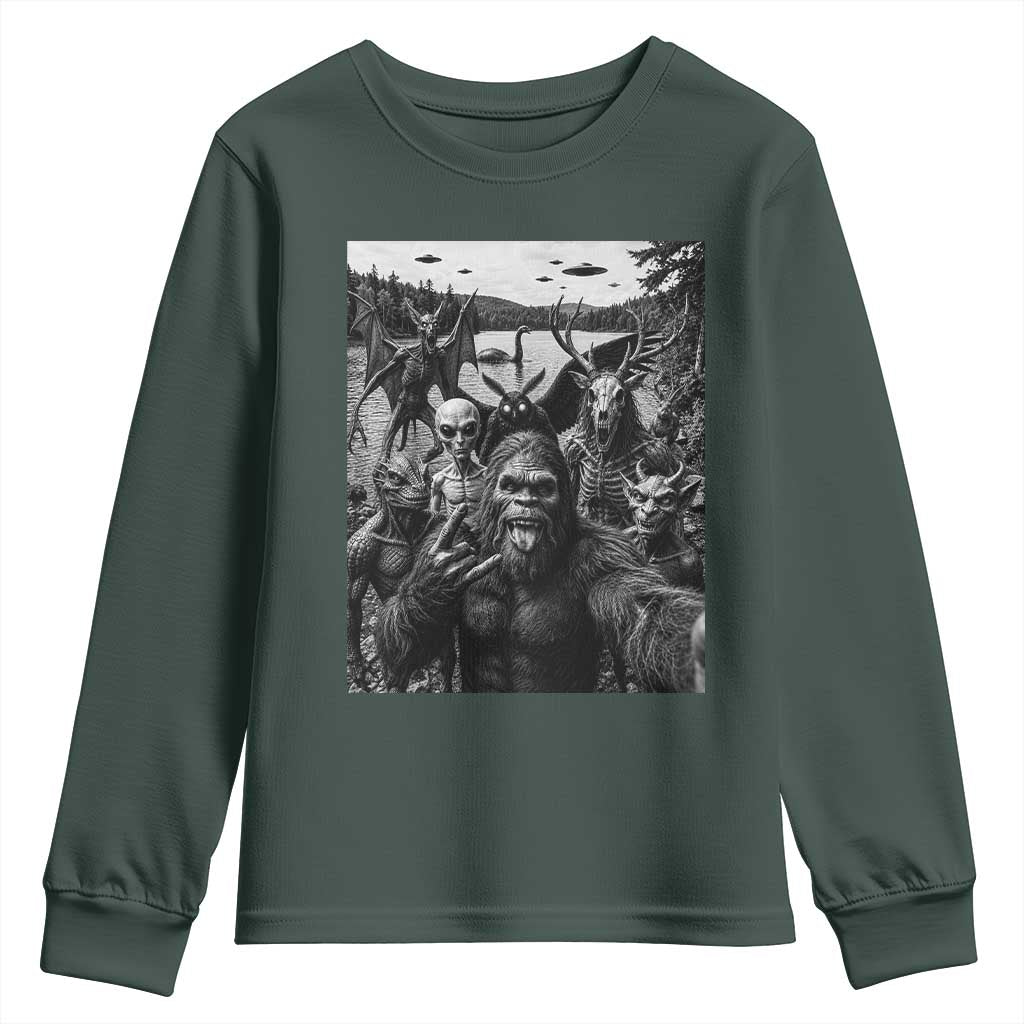 Funny Cryptid Creatures Selfie Youth Sweatshirt Bigfoot Alien Cryptozoology Fantasy Mythical Monsters TS11 Dark Forest Green Print Your Wear