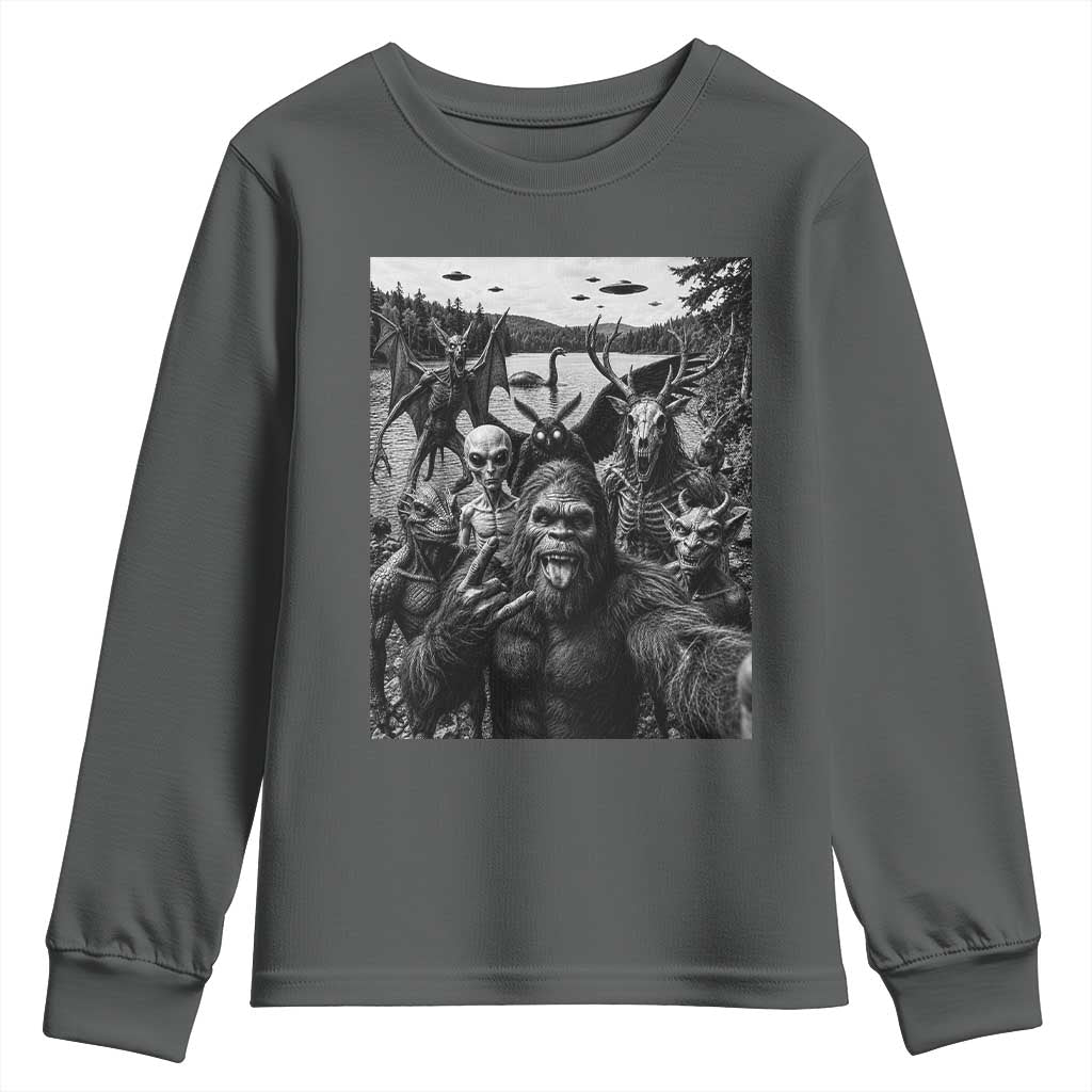 Funny Cryptid Creatures Selfie Youth Sweatshirt Bigfoot Alien Cryptozoology Fantasy Mythical Monsters TS11 Dark Heather Print Your Wear