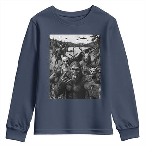 Funny Cryptid Creatures Selfie Youth Sweatshirt Bigfoot Alien Cryptozoology Fantasy Mythical Monsters TS11 Navy Print Your Wear