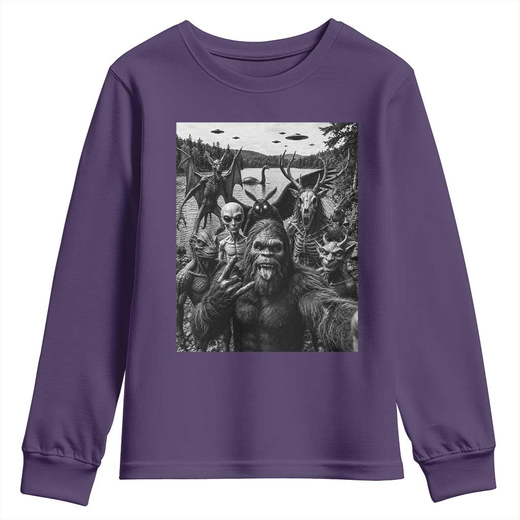 Funny Cryptid Creatures Selfie Youth Sweatshirt Bigfoot Alien Cryptozoology Fantasy Mythical Monsters TS11 Purple Print Your Wear