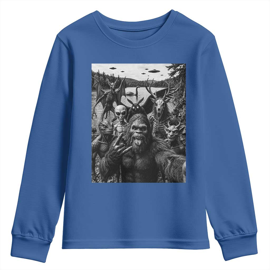 Funny Cryptid Creatures Selfie Youth Sweatshirt Bigfoot Alien Cryptozoology Fantasy Mythical Monsters TS11 Royal Blue Print Your Wear