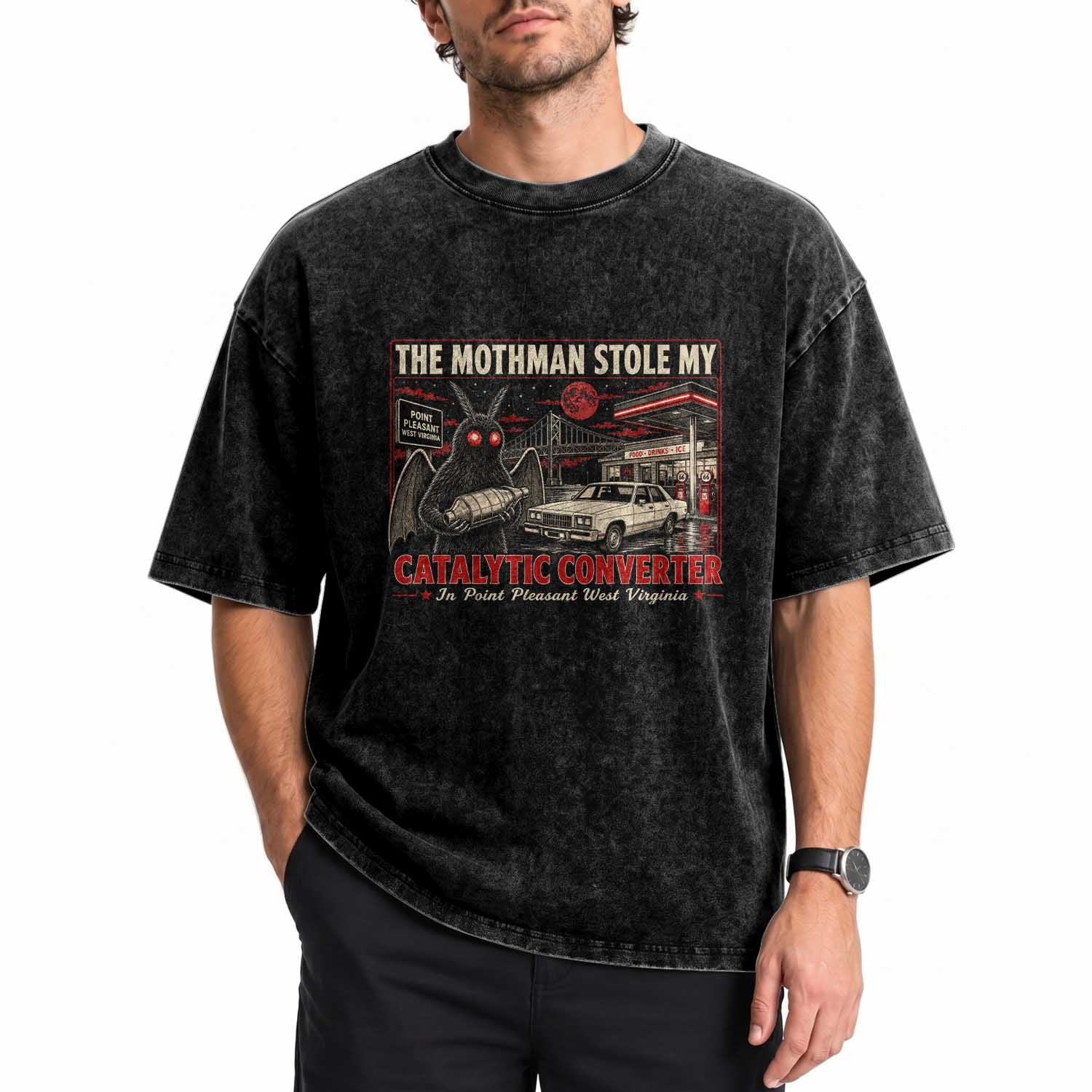 Funny The Mothman Stole My Catalytic Converter Washed Cotton T-Shirt Point Pleasant West Virginia Cryptid