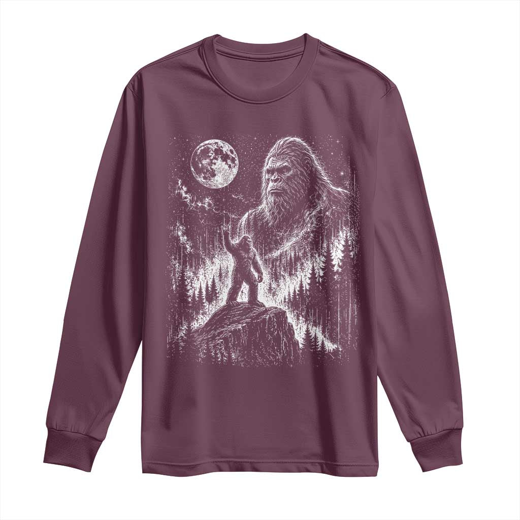 Bigfoot Howling at Moon Mystical Forest Long Sleeve Shirt Funny Sasquatch Nature Lover TS11 Maroon Print Your Wear