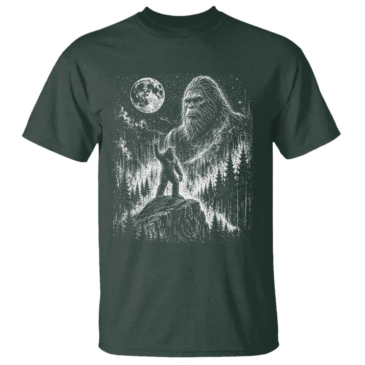 Bigfoot Howling at Moon Mystical Forest T Shirt Funny Sasquatch Nature Lover TS11 Dark Forest Green Print Your Wear
