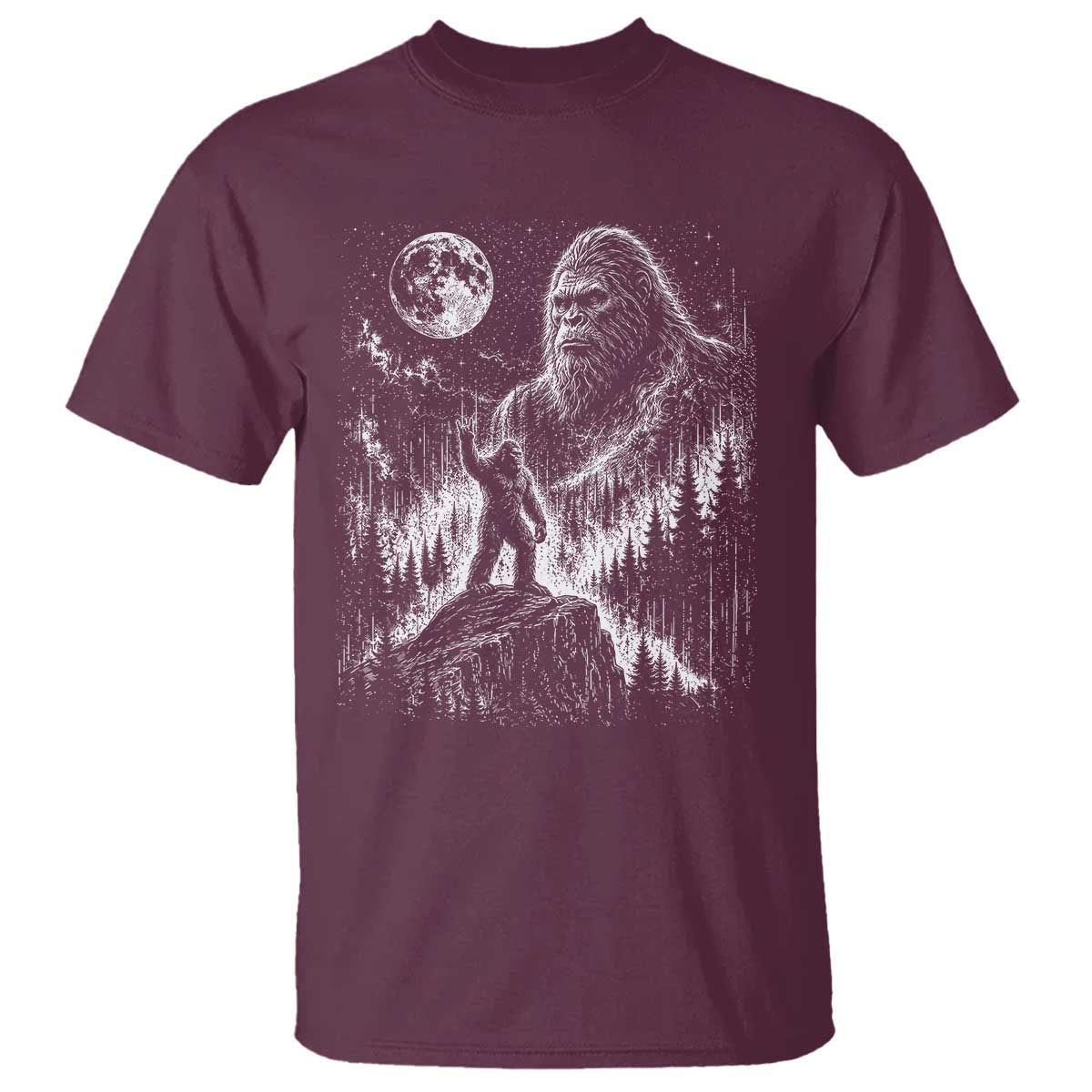 Bigfoot Howling at Moon Mystical Forest T Shirt Funny Sasquatch Nature Lover TS11 Maroon Print Your Wear