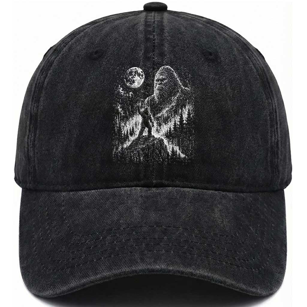 Bigfoot Howling at Moon Mystical Forest Washed Cotton Baseball Cap Funny Sasquatch Nature Lover TS11 Print Your Wear