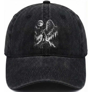 Bigfoot Howling at Moon Mystical Forest Washed Cotton Baseball Cap Funny Sasquatch Nature Lover TS11 Print Your Wear
