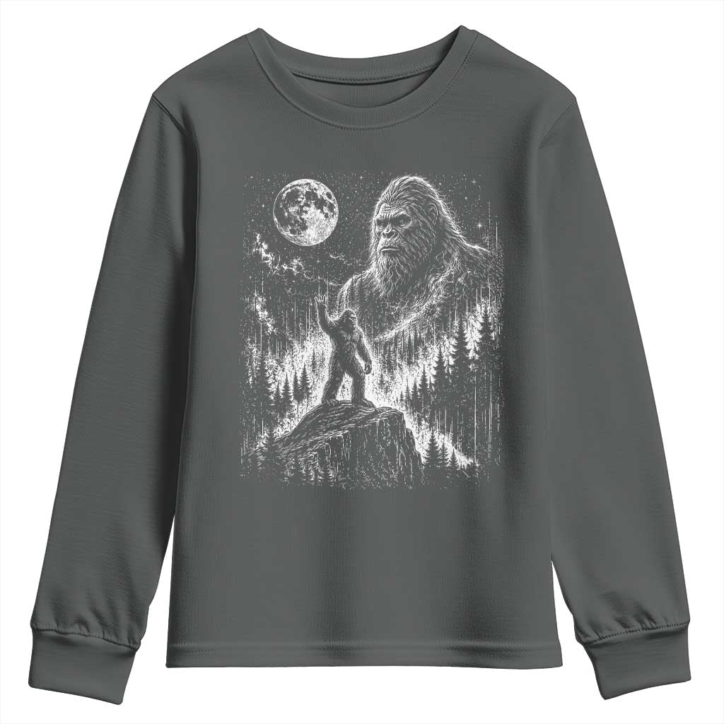 Bigfoot Howling at Moon Mystical Forest Youth Sweatshirt Funny Sasquatch Nature Lover TS11 Dark Heather Print Your Wear
