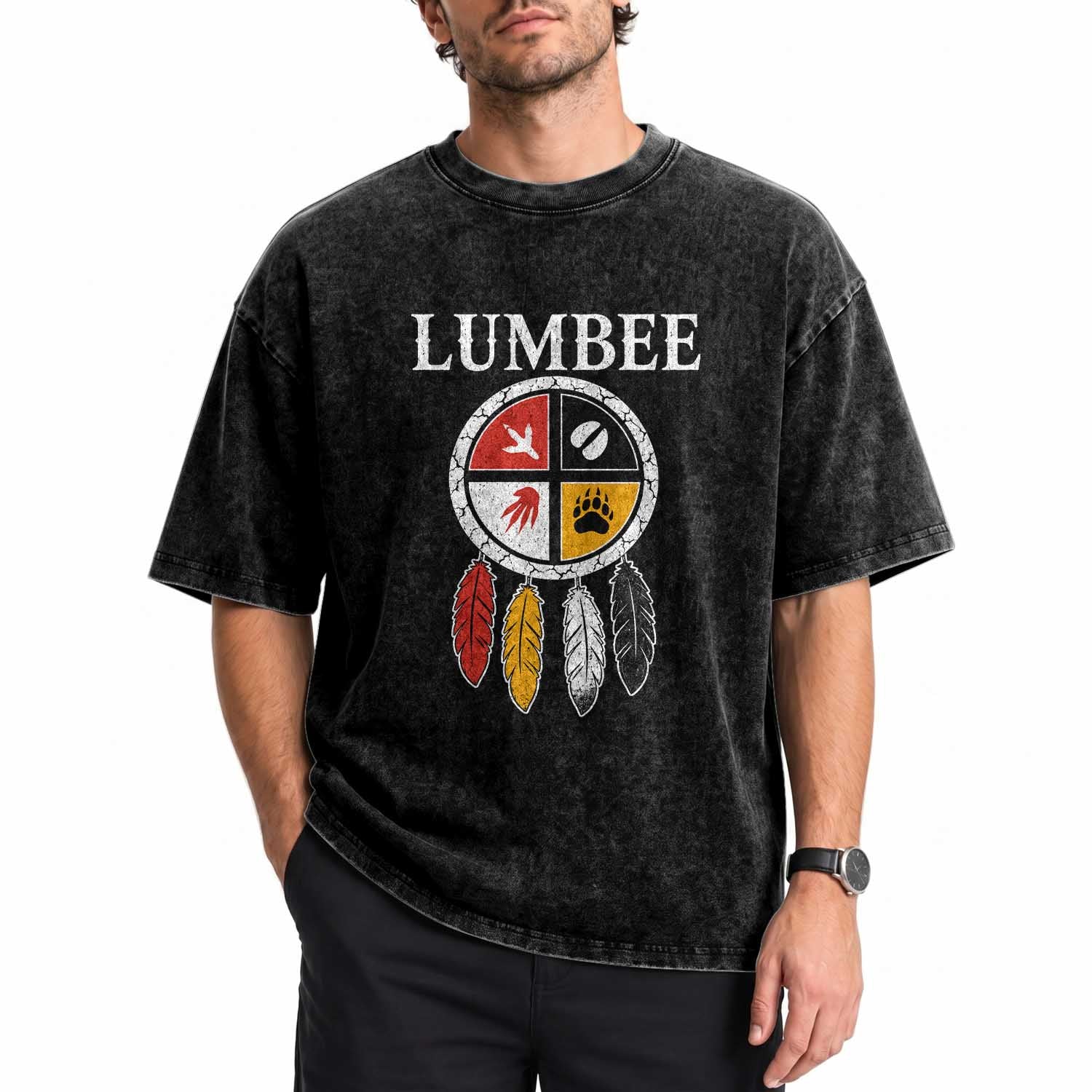 Lumbee Tribe Native American Washed Cotton T-Shirt Medicine Wheel Dreamcatcher Spirit Animal Paws