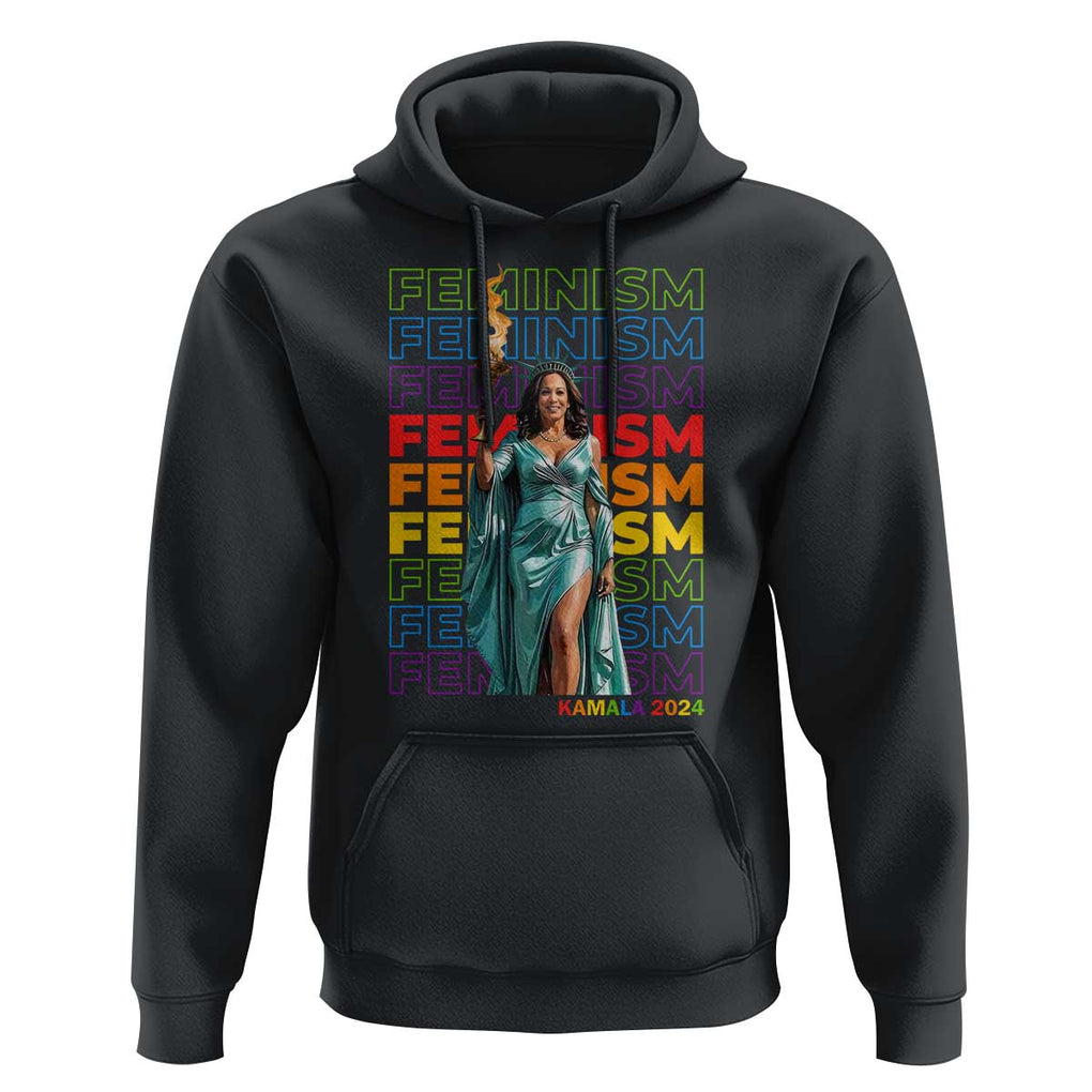 Harris Supporter Hoodie Kamala 2024 Feminism LGBT Rainbow Flag Liberty Torch TS11 Black Print Your Wear