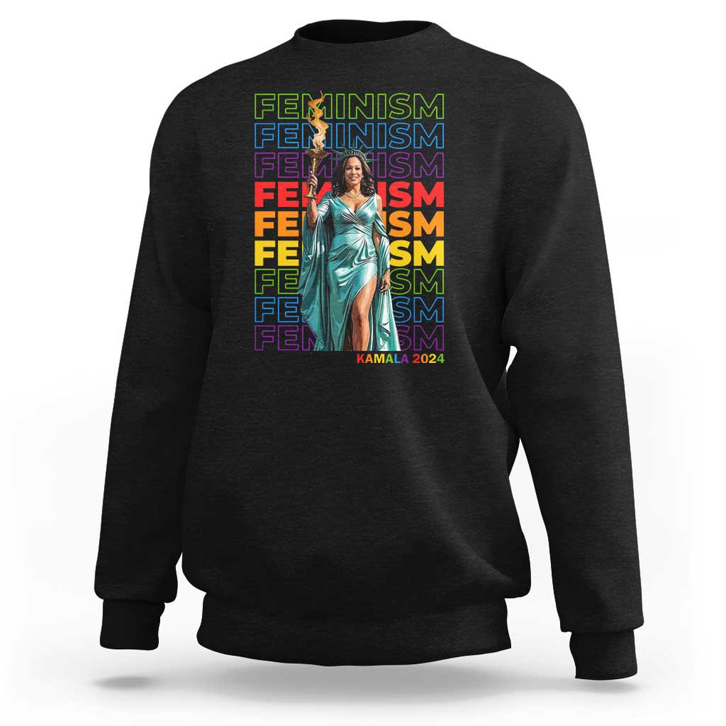 Harris Supporter Sweatshirt Kamala 2024 Feminism LGBT Rainbow Flag Liberty Torch TS11 Black Print Your Wear