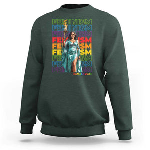 Harris Supporter Sweatshirt Kamala 2024 Feminism LGBT Rainbow Flag Liberty Torch TS11 Dark Forest Green Print Your Wear