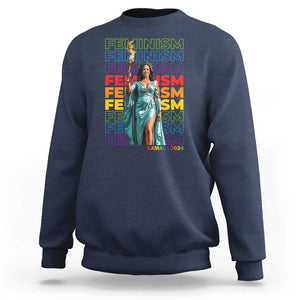 Harris Supporter Sweatshirt Kamala 2024 Feminism LGBT Rainbow Flag Liberty Torch TS11 Navy Print Your Wear