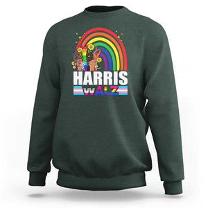 Harris Walz Sweatshirt LGBT Rainbow Flag Hand Rise Flower Unity TS11 Dark Forest Green Print Your Wear