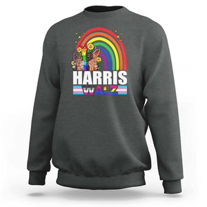 Harris Walz Sweatshirt LGBT Rainbow Flag Hand Rise Flower Unity TS11 Dark Heather Print Your Wear