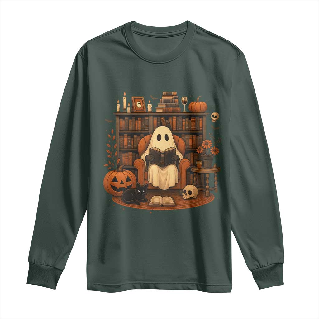 Halloween Book Lover Long Sleeve Shirt Spooky Ghost Reading Book Librarians Bookworm TS11 Dark Forest Green Print Your Wear
