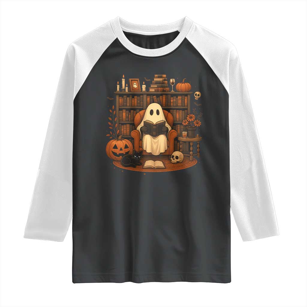 Halloween Book Lover Raglan Shirt Spooky Ghost Reading Book Librarians Bookworm TS11 Black White Print Your Wear