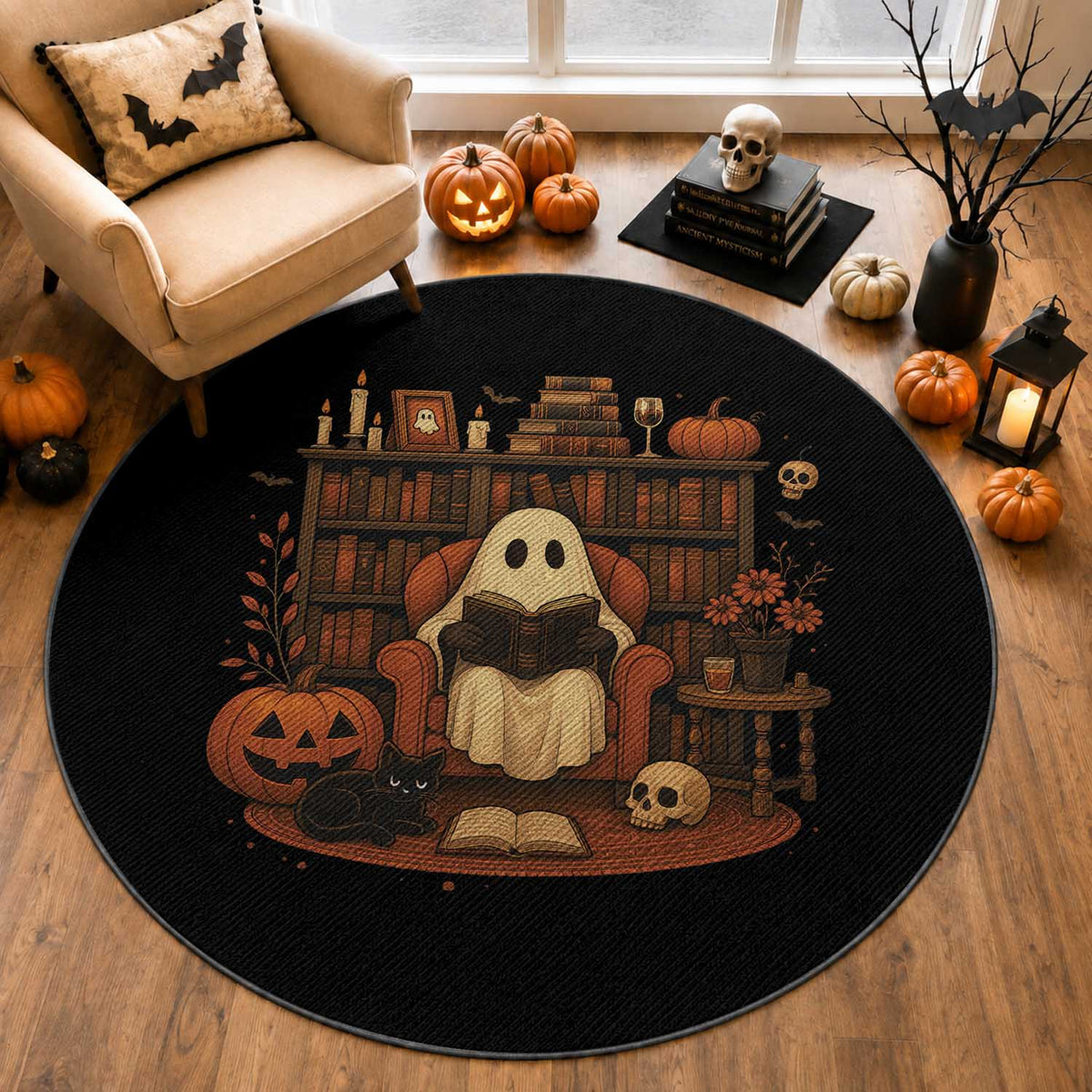 Halloween Book Lover Round Rug Spooky Ghost Reading Book Librarians Bookworm
