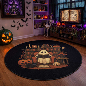Halloween Book Lover Round Rug Spooky Ghost Reading Book Librarians Bookworm