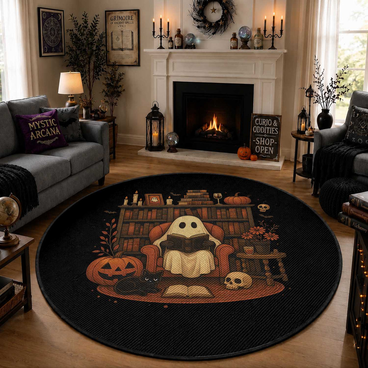 Halloween Book Lover Round Rug Spooky Ghost Reading Book Librarians Bookworm