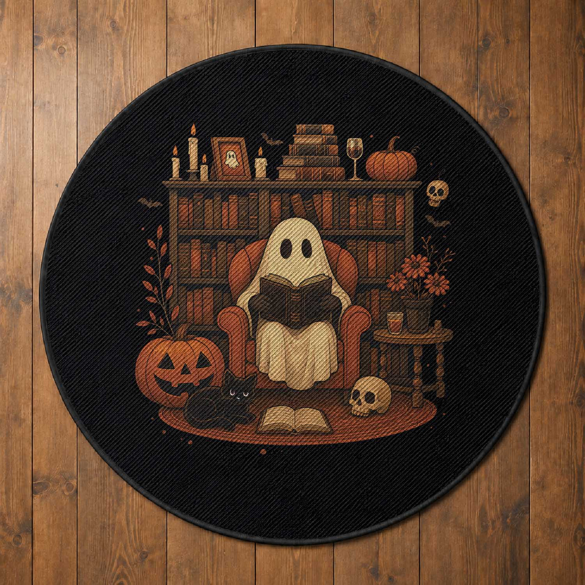 Halloween Book Lover Round Rug Spooky Ghost Reading Book Librarians Bookworm