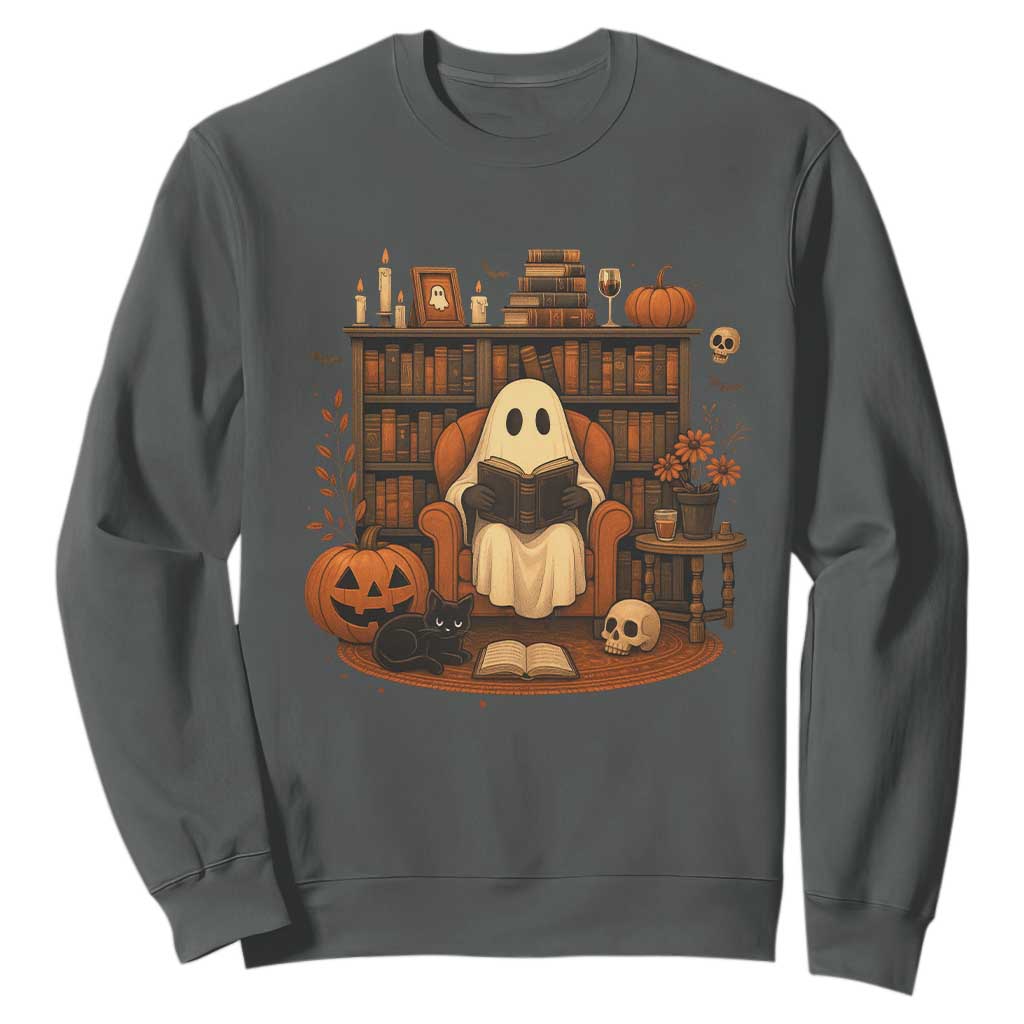 Halloween Book Lover Sweatshirt Spooky Ghost Reading Book Librarians Bookworm TS11 Dark Heather Print Your Wear