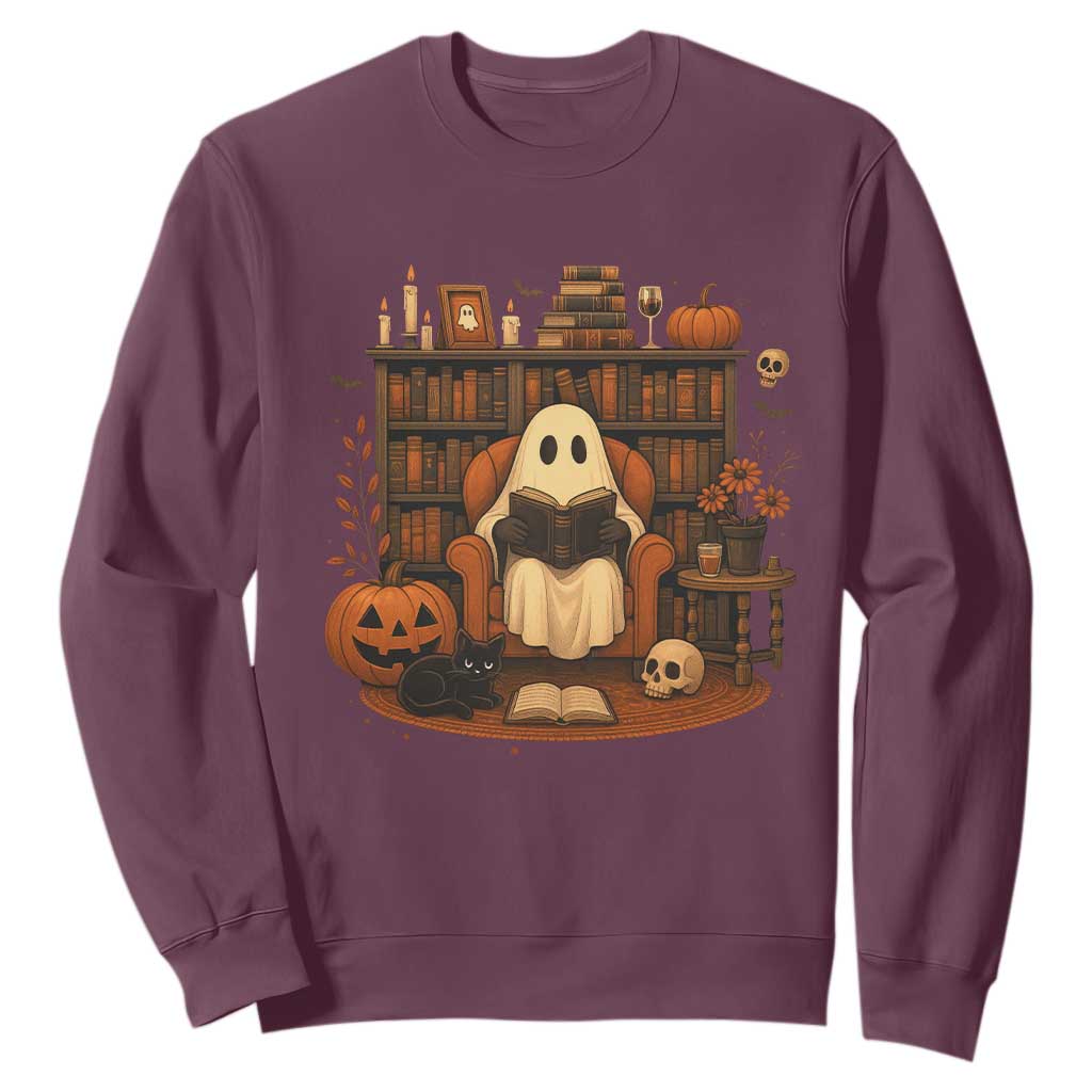 Halloween Book Lover Sweatshirt Spooky Ghost Reading Book Librarians Bookworm TS11 Maroon Print Your Wear