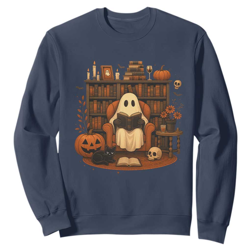 Halloween Book Lover Sweatshirt Spooky Ghost Reading Book Librarians Bookworm TS11 Navy Print Your Wear