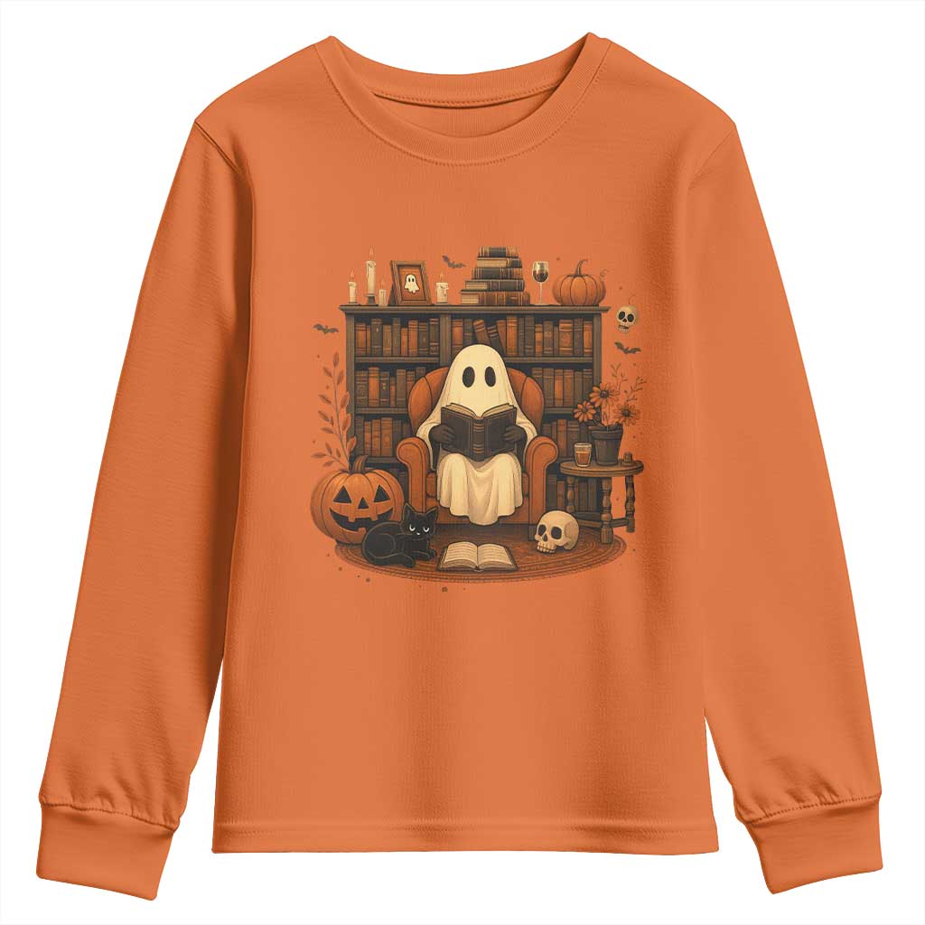 Halloween Book Lover Youth Sweatshirt Spooky Ghost Reading Book Librarians Bookworm TS11 Orange Print Your Wear