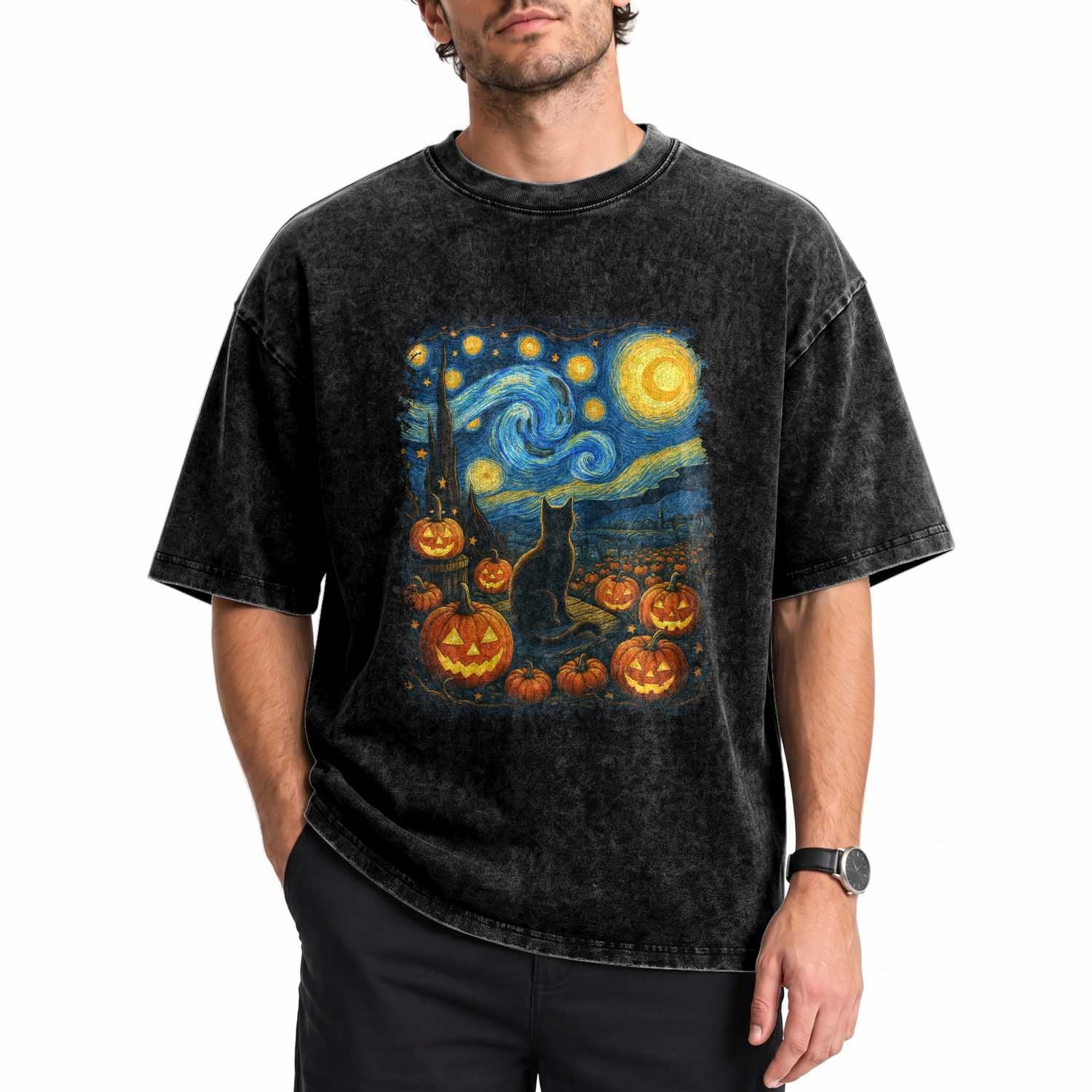Halloween Cat Starry Night Van Gogh Cat Lovers Washed Cotton T-Shirt