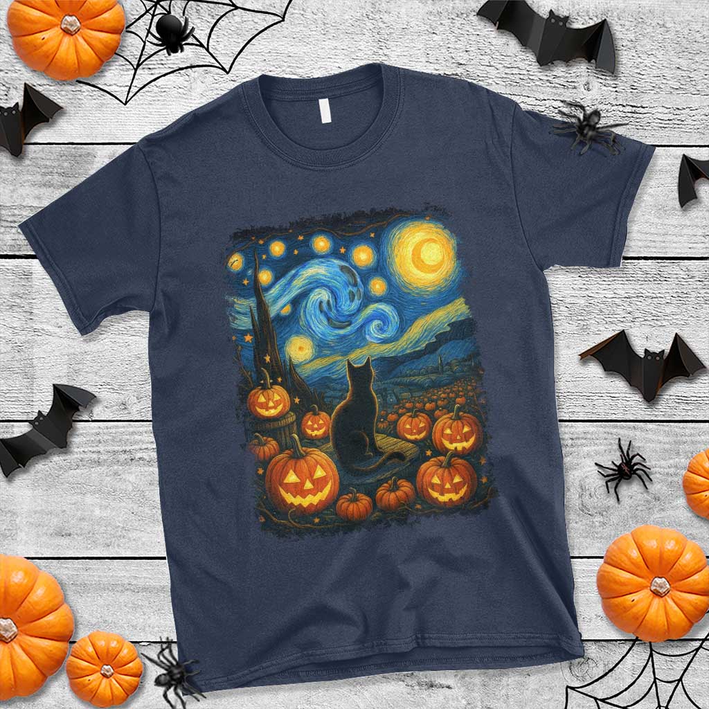 Halloween Cat Starry Night Van Gogh Cat Lovers T Shirt TS11 Navy Print Your Wear