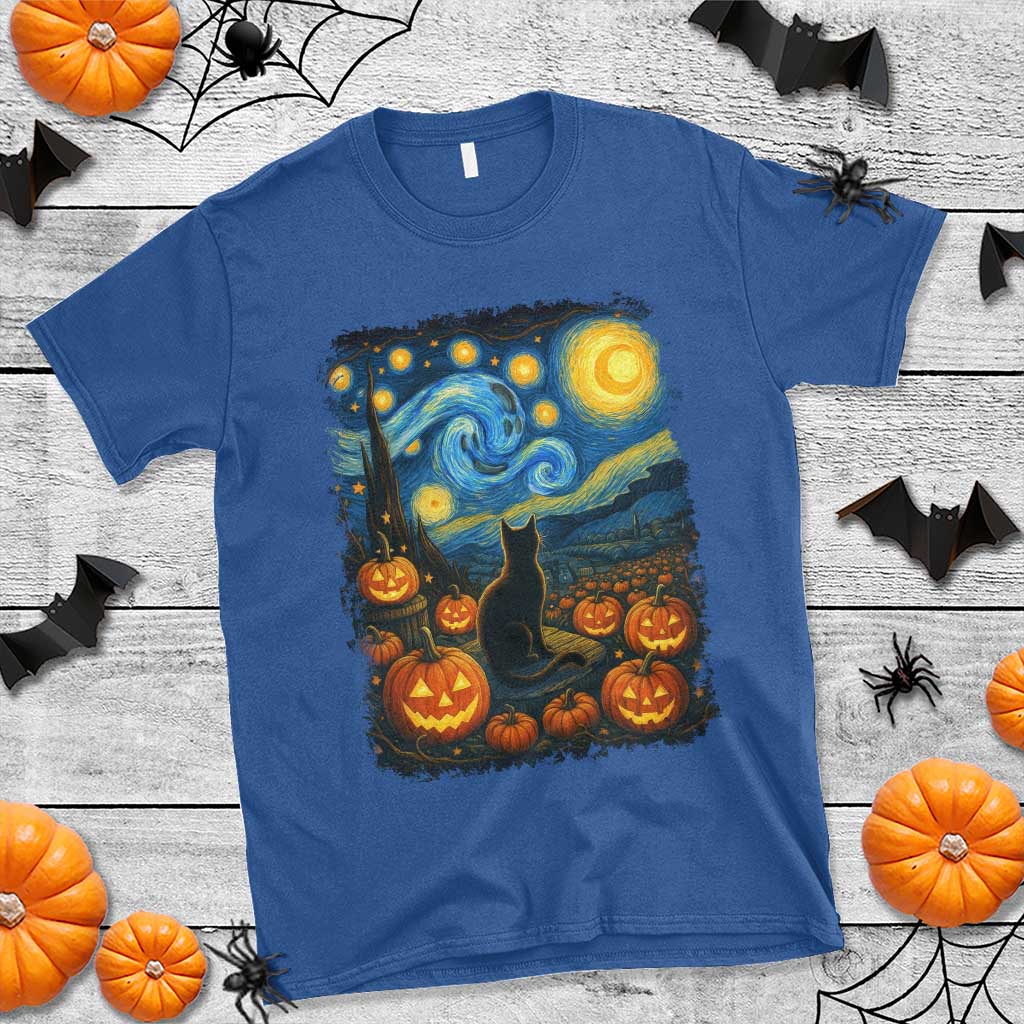 Halloween Cat Starry Night Van Gogh Cat Lovers T Shirt TS11 Royal Blue Print Your Wear