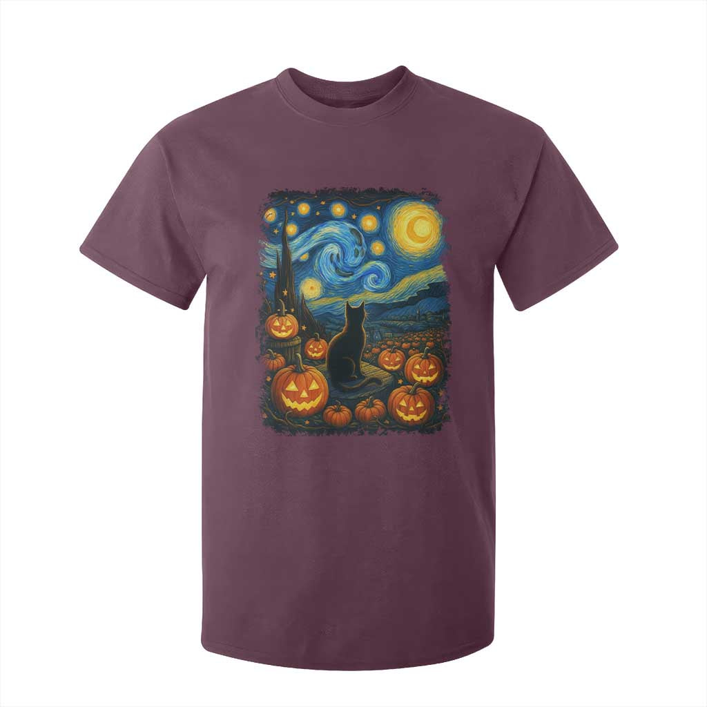 Halloween Cat Starry Night Van Gogh Cat Lovers T Shirt For Kid TS11 Maroon Print Your Wear