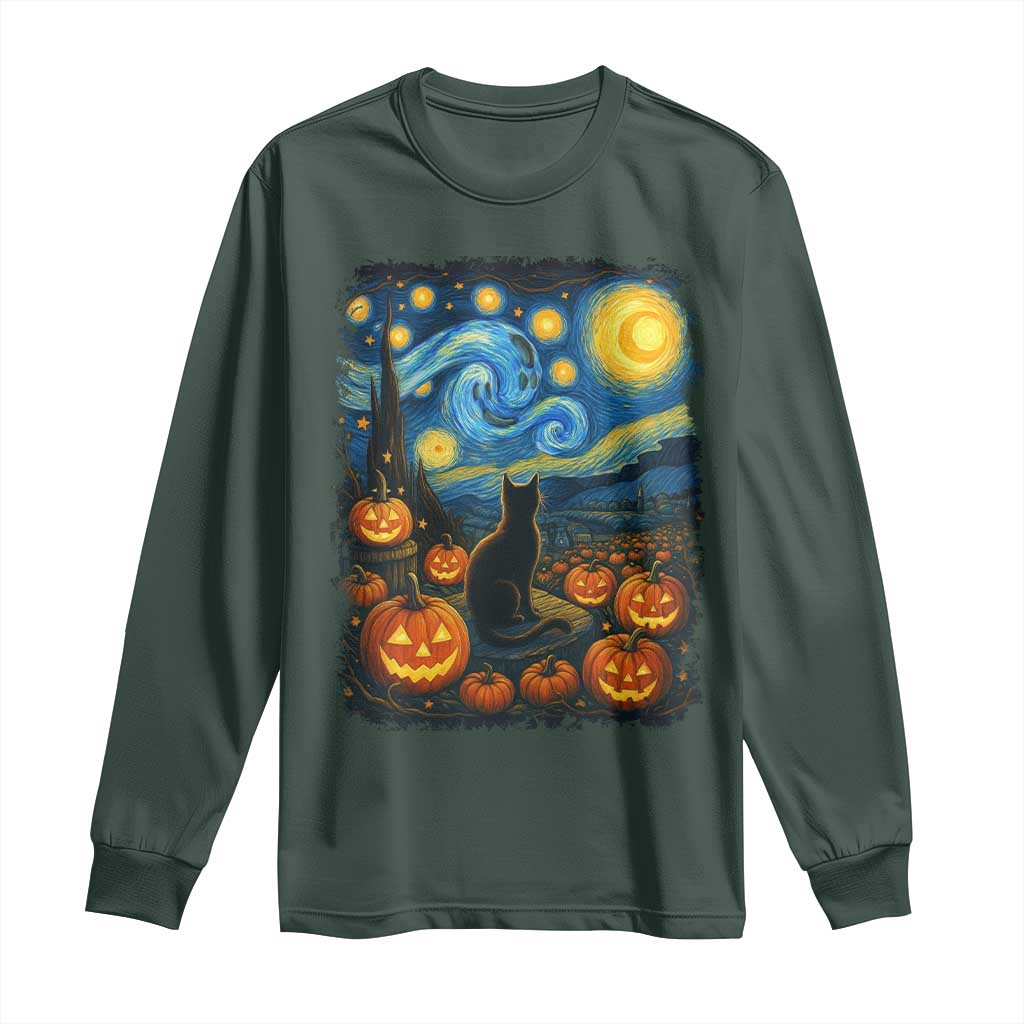 Halloween Cat Starry Night Van Gogh Cat Lovers Long Sleeve Shirt TS11 Dark Forest Green Print Your Wear