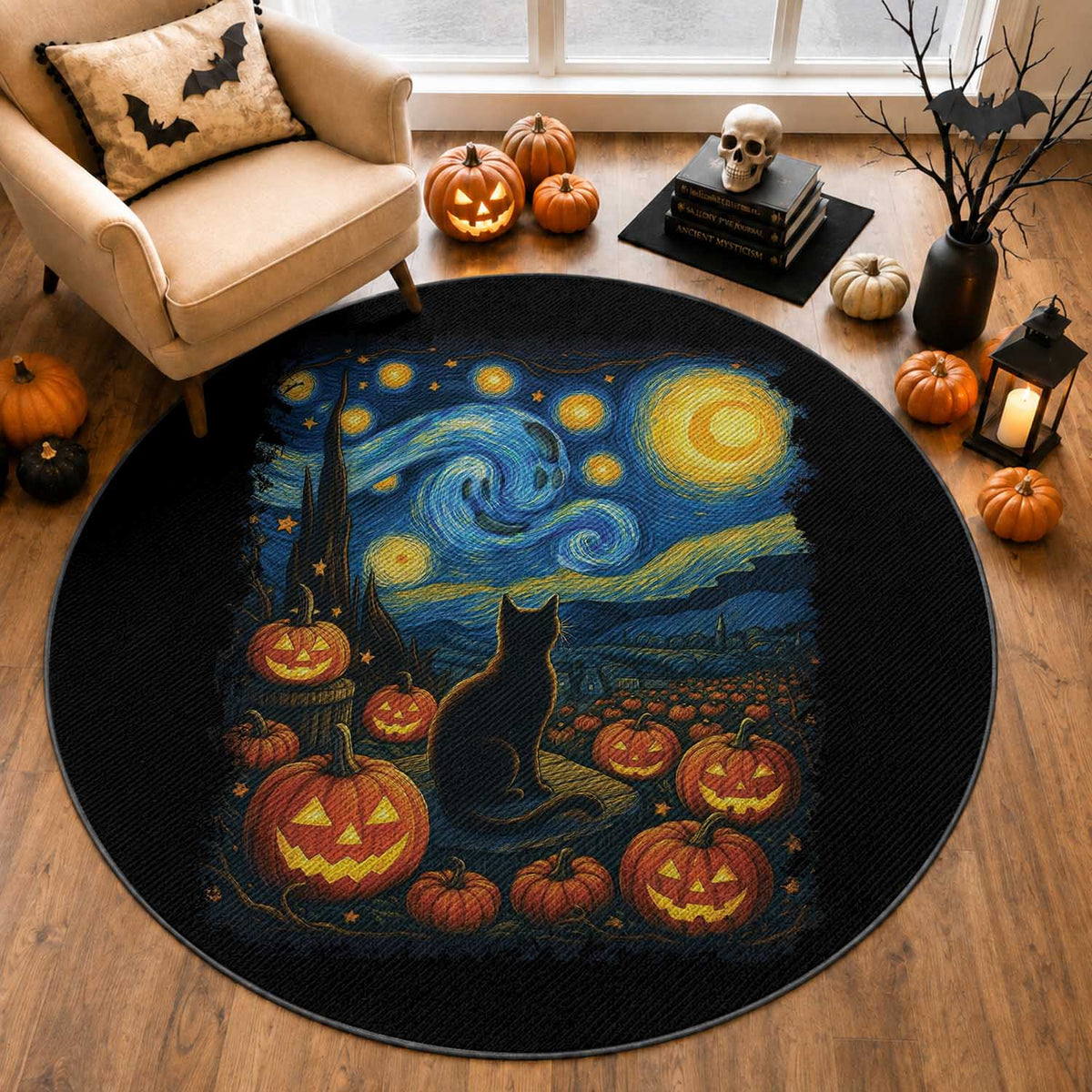 Halloween Cat Starry Night Van Gogh Cat Lovers Round Rug