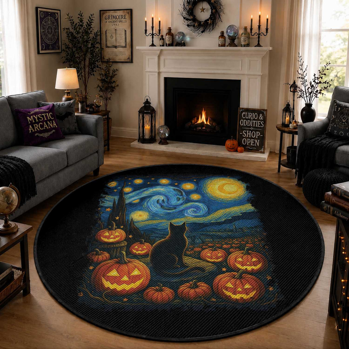 Halloween Cat Starry Night Van Gogh Cat Lovers Round Rug
