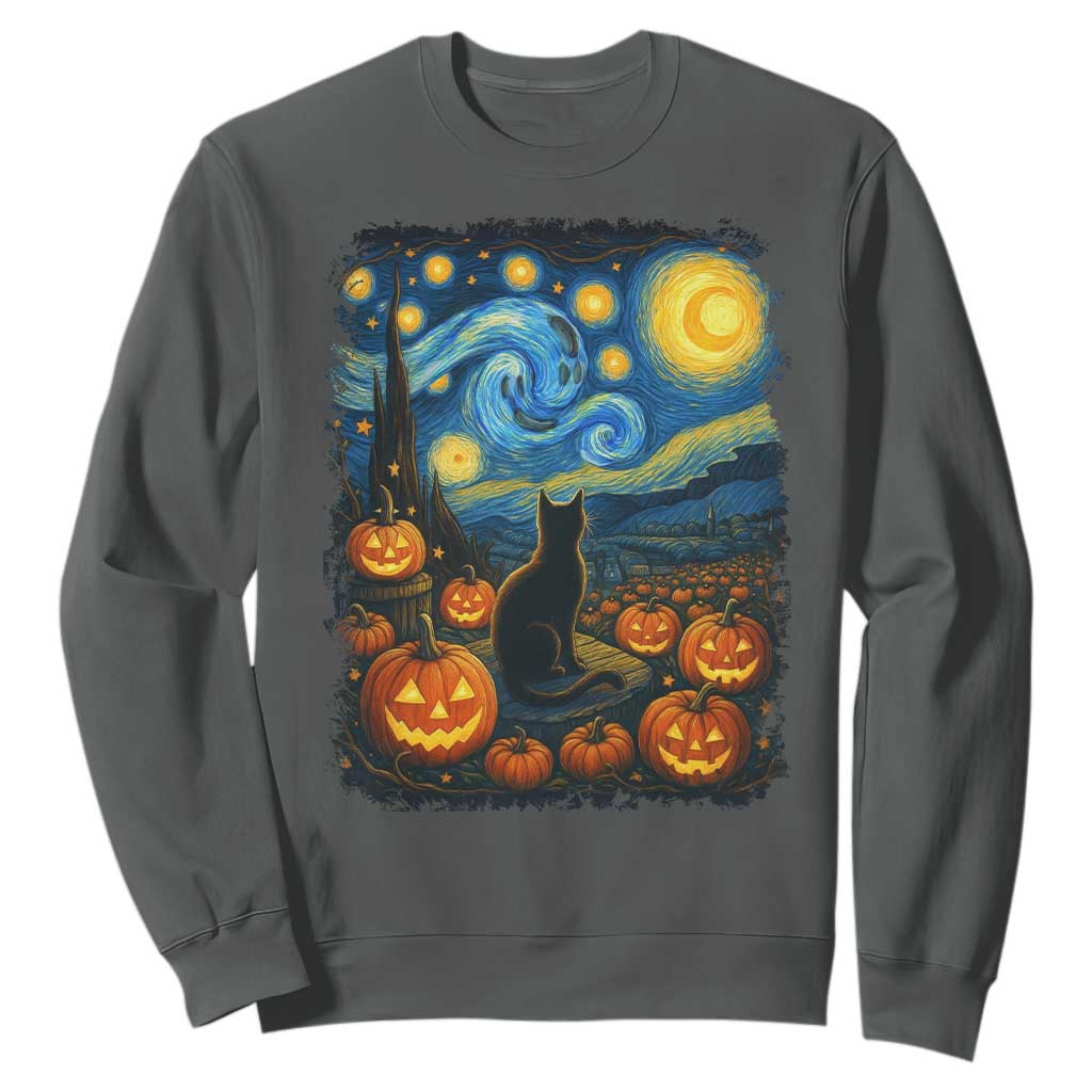 Halloween Cat Starry Night Van Gogh Cat Lovers Sweatshirt TS11 Dark Heather Print Your Wear
