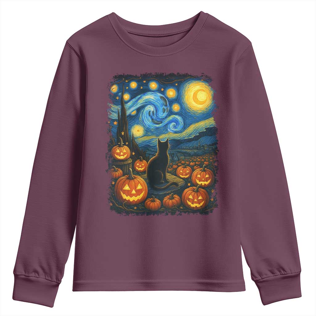 Halloween Cat Starry Night Van Gogh Cat Lovers Youth Sweatshirt TS11 Maroon Print Your Wear