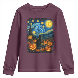 Halloween Cat Starry Night Van Gogh Cat Lovers Youth Sweatshirt TS11 Maroon Print Your Wear