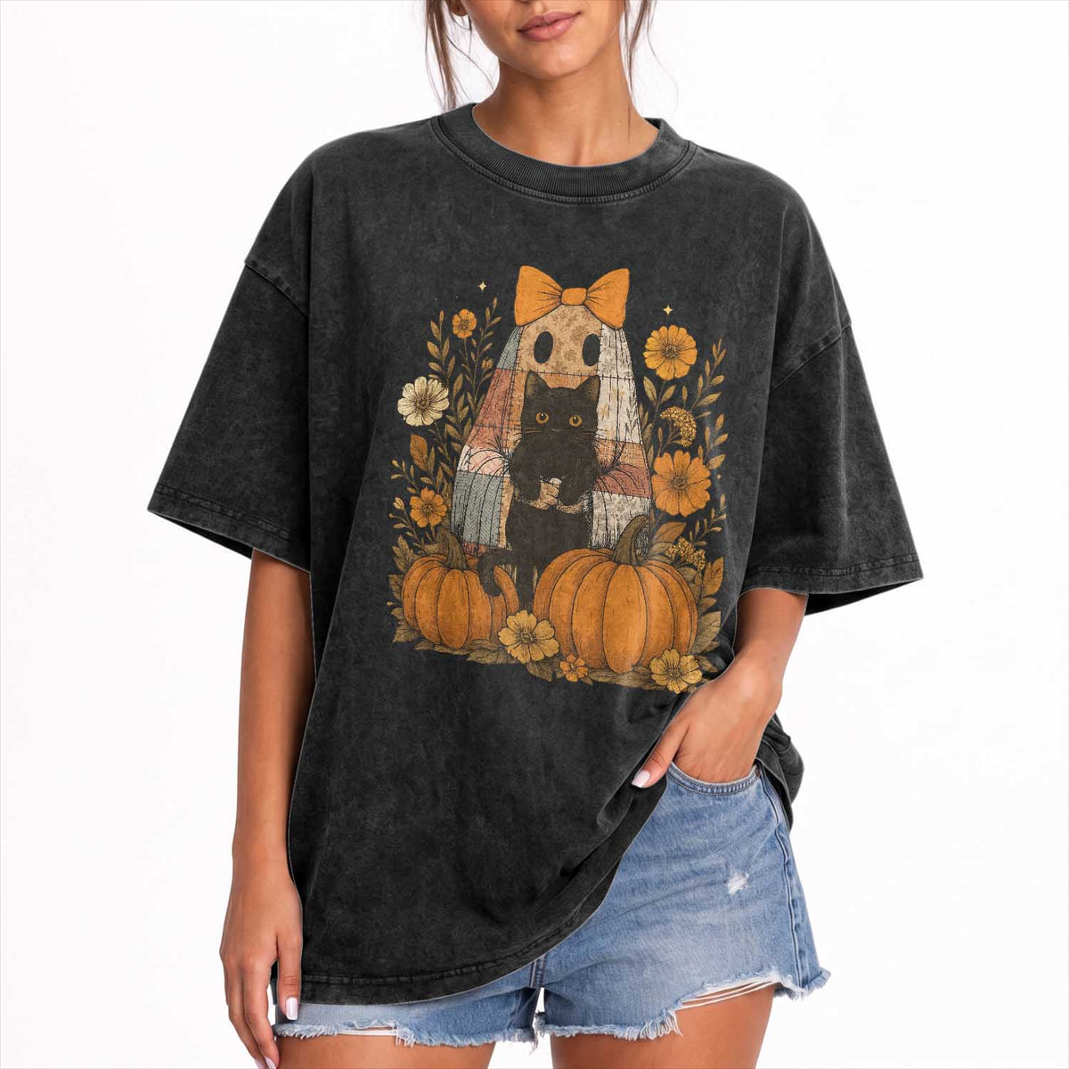 Halloween Vintage Patchwork Ghost Holding Black Cat Groovy Floral Washed Cotton T-Shirt