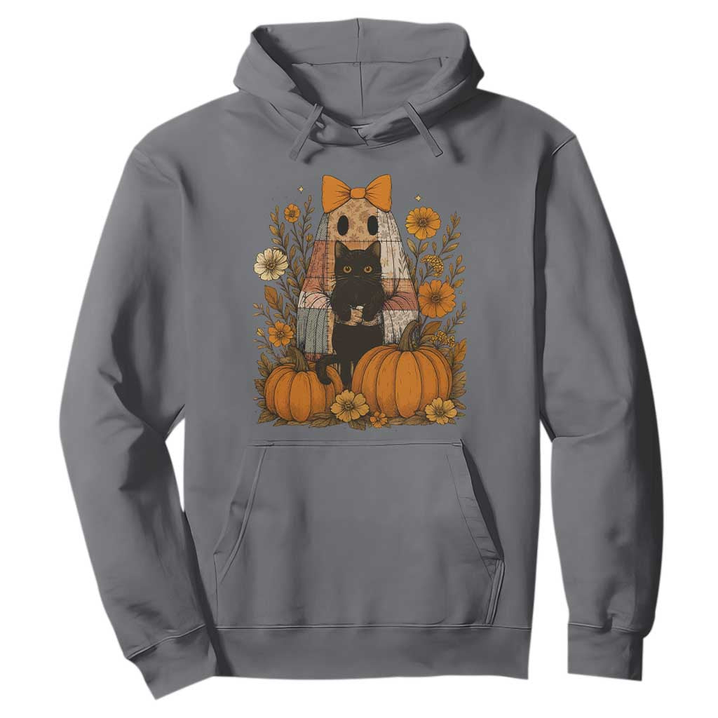 Halloween Vintage Patchwork Ghost Holding Black Cat Groovy Floral Hoodie TS11 Charcoal Print Your Wear