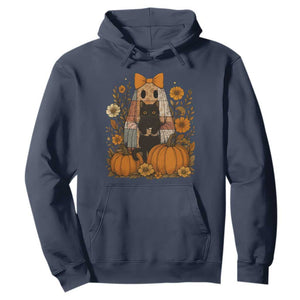 Halloween Vintage Patchwork Ghost Holding Black Cat Groovy Floral Hoodie TS11 Navy Print Your Wear