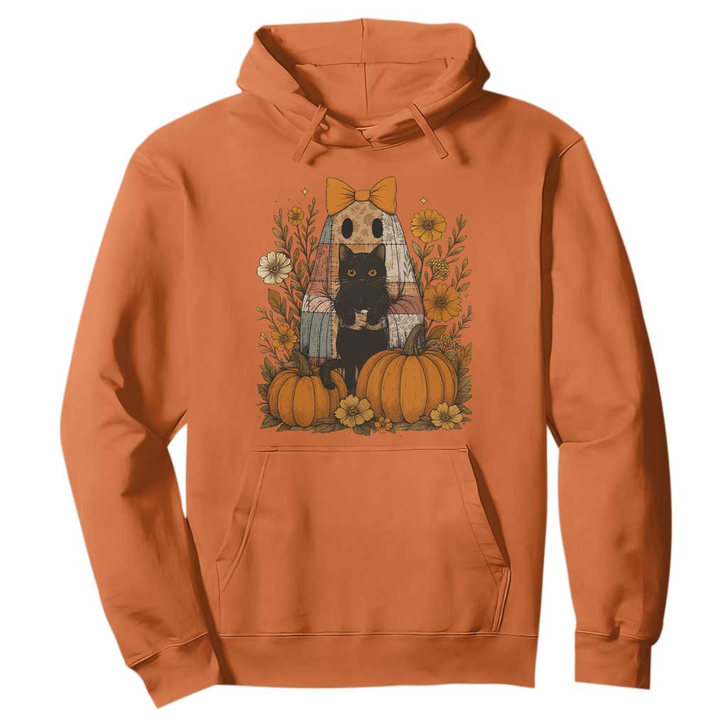Halloween Vintage Patchwork Ghost Holding Black Cat Groovy Floral Hoodie TS11 Orange Print Your Wear