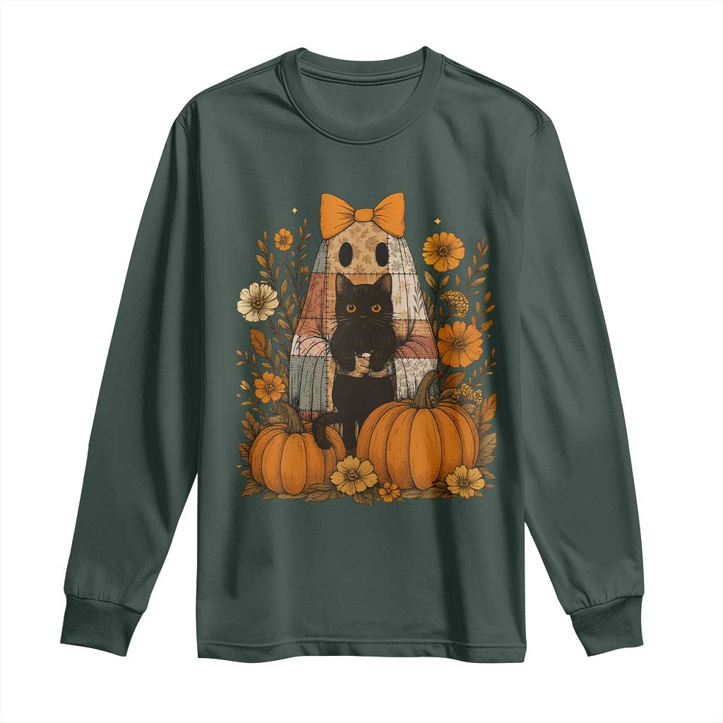 Halloween Vintage Patchwork Ghost Holding Black Cat Groovy Floral Long Sleeve Shirt TS11 Dark Forest Green Print Your Wear