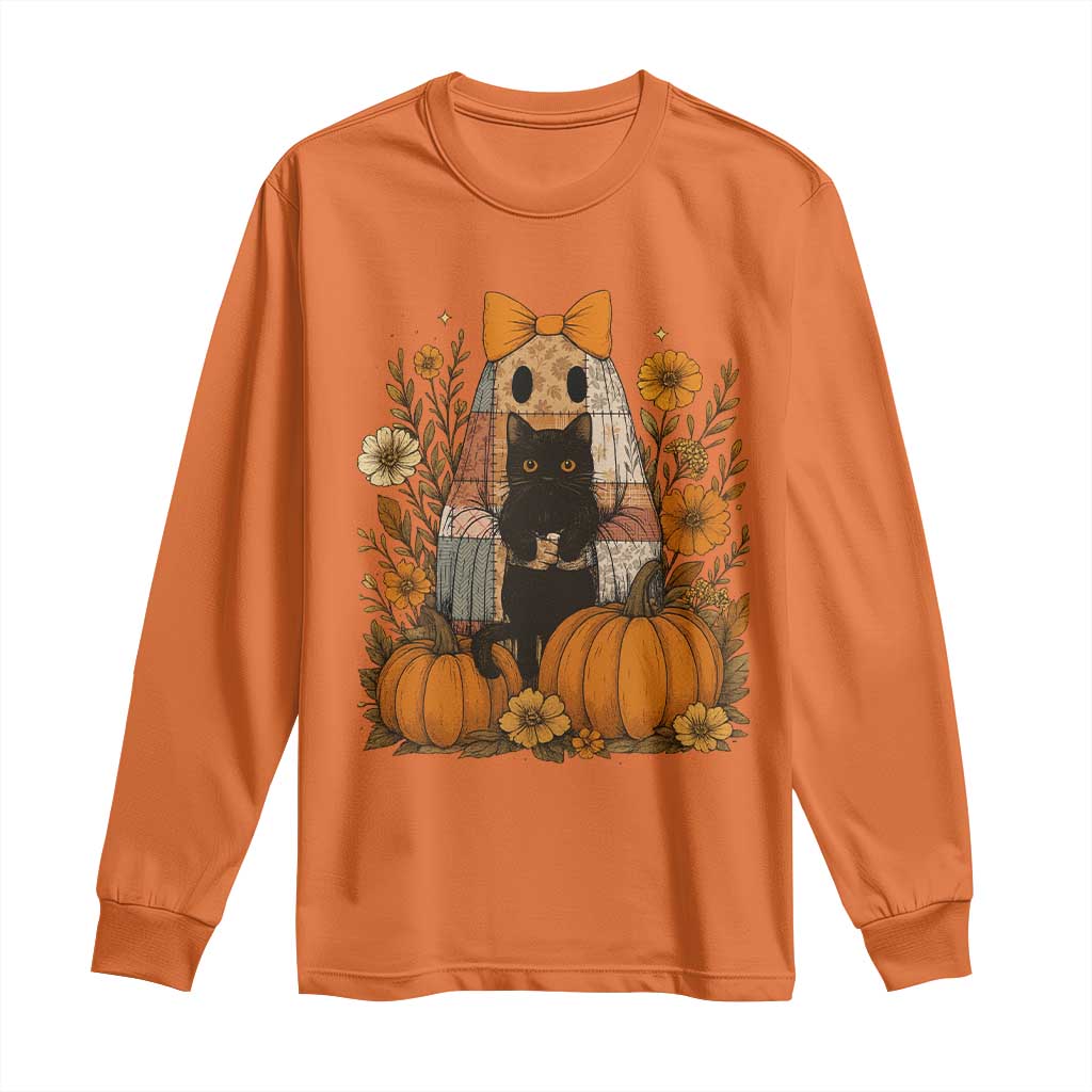 Halloween Vintage Patchwork Ghost Holding Black Cat Groovy Floral Long Sleeve Shirt TS11 Orange Print Your Wear