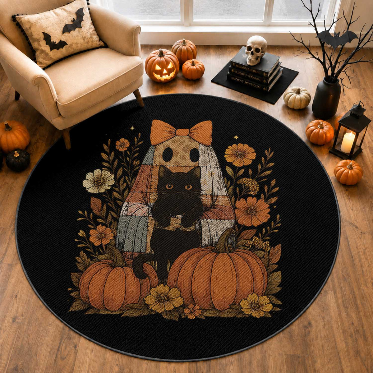 Halloween Vintage Patchwork Ghost Holding Black Cat Groovy Floral Round Rug