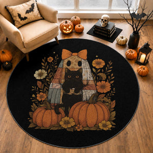 Halloween Vintage Patchwork Ghost Holding Black Cat Groovy Floral Round Rug