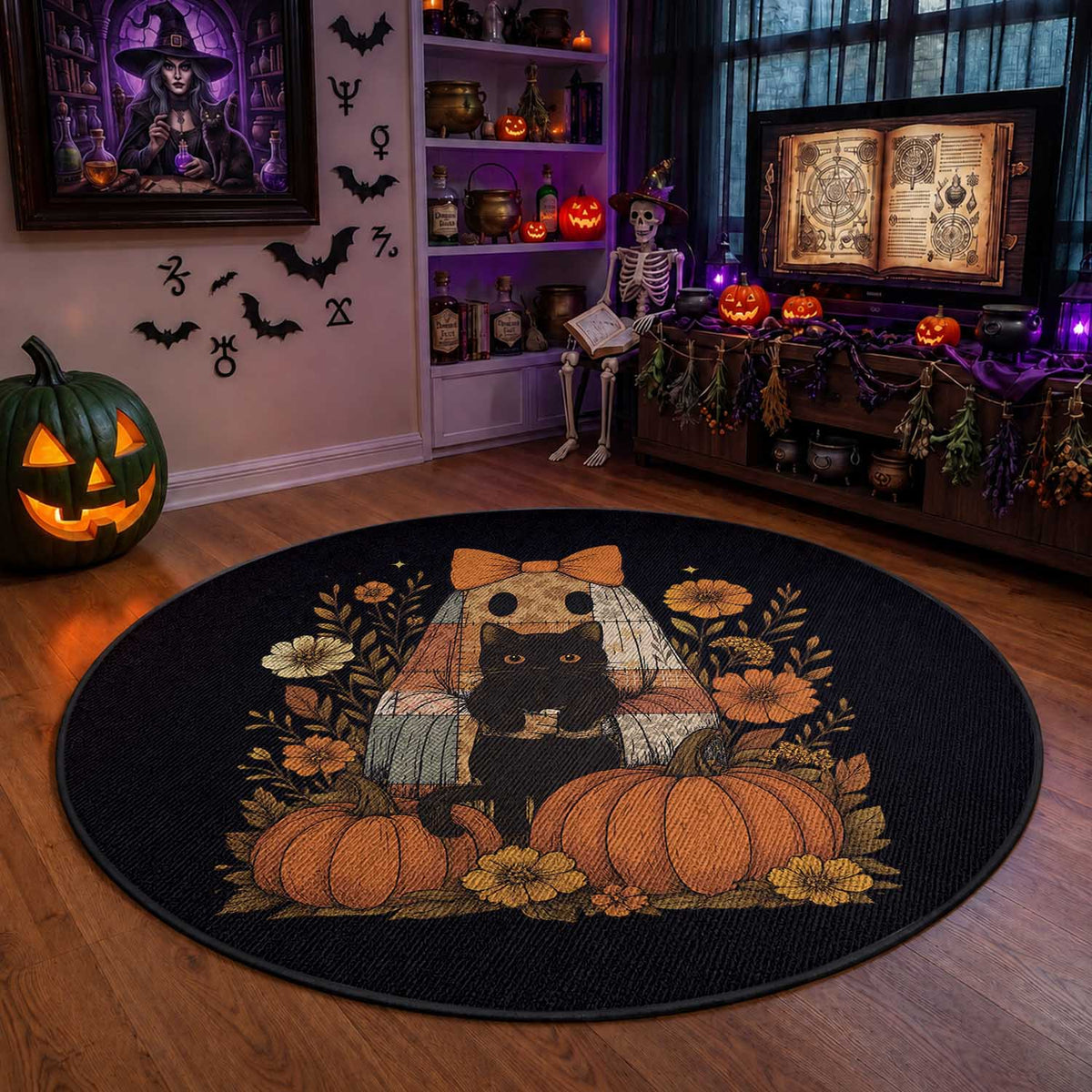 Halloween Vintage Patchwork Ghost Holding Black Cat Groovy Floral Round Rug