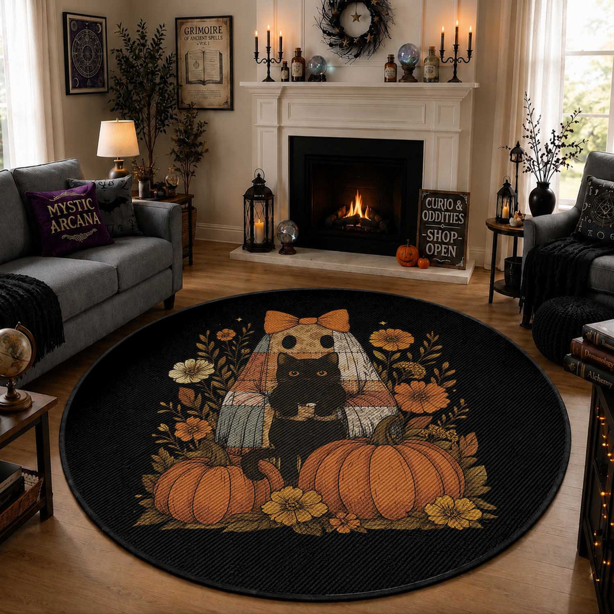 Halloween Vintage Patchwork Ghost Holding Black Cat Groovy Floral Round Rug